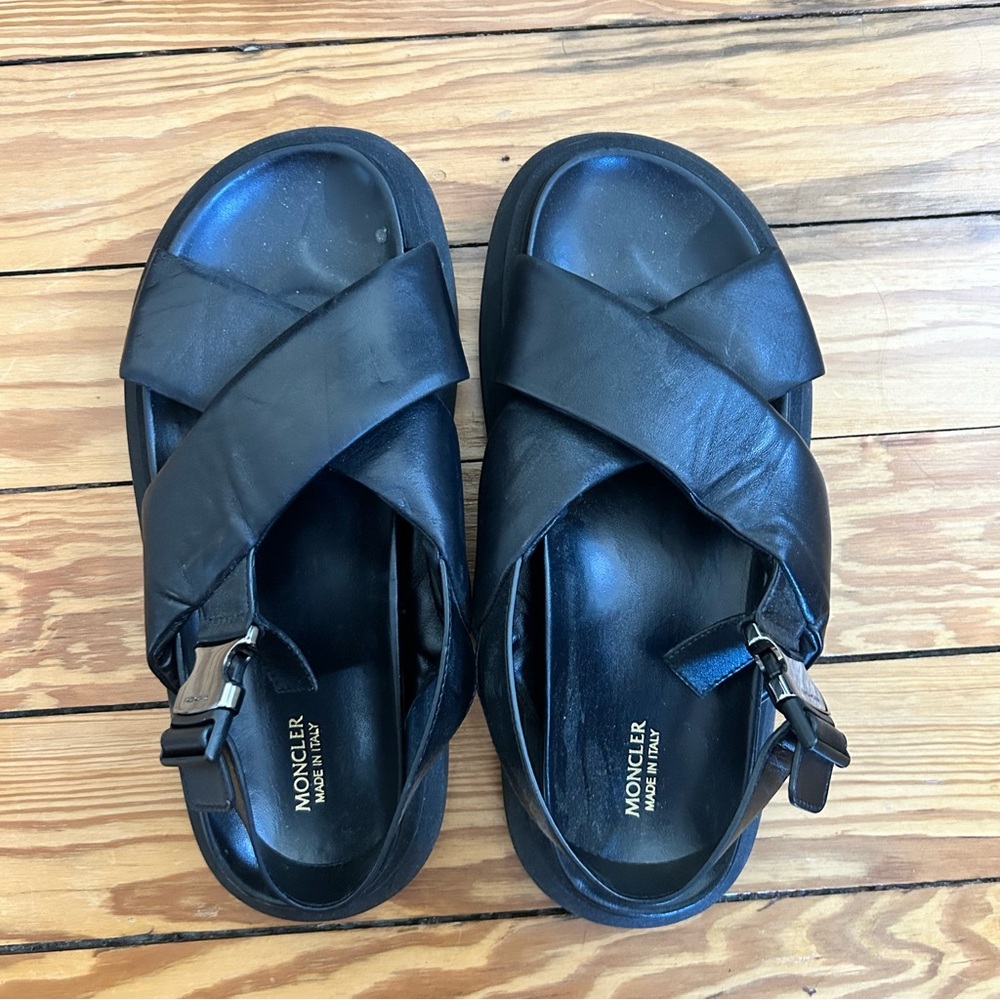 Moncler Cross-Strap Black Leather Sandals